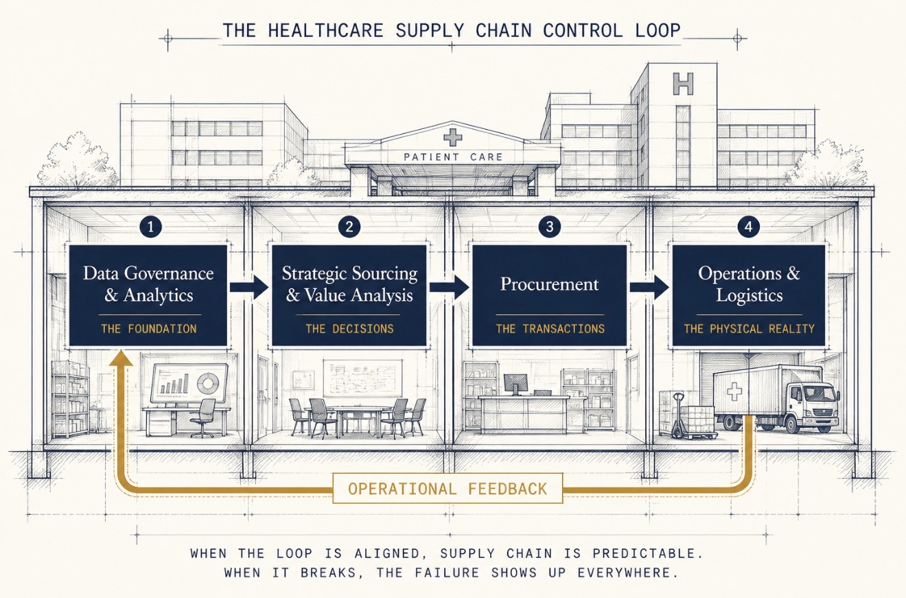 The healthcare supply chain control loop. A hospital cross-section diagram with patient care above and four labeled stages below: Data Governance and Analytics (the foundation), Strategic Sourcing and Value Analysis (the decisions), Procurement (the transactions), and Operations and Logistics (the physical reality). Arrows connect them left-to-right. A gold operational feedback arrow returns from the right back to the foundation.